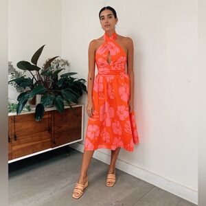 STAUD Moana Floral Poplin Halter Midi Dress